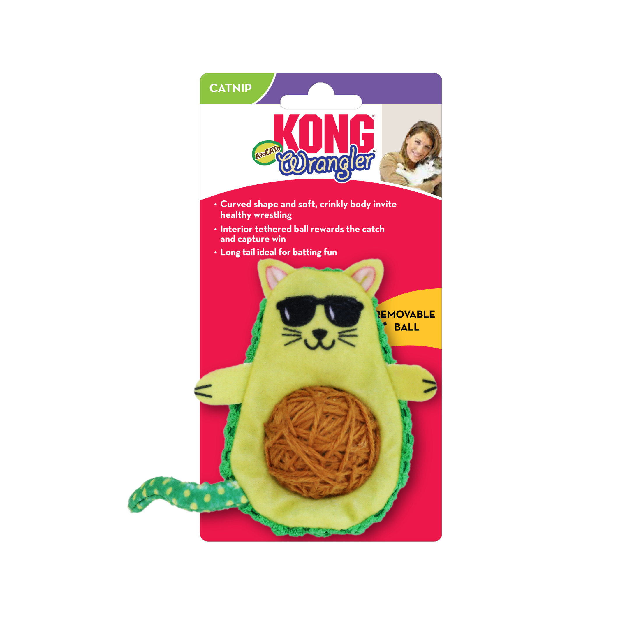 KONG® Wrangler AvoCATo Crinkle Cat Toy, Interior Tethered Yarn Ball with Premium North American Catnip