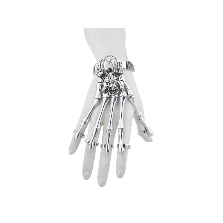 Silver cool punk skeleton skull hand bone bracelet discount