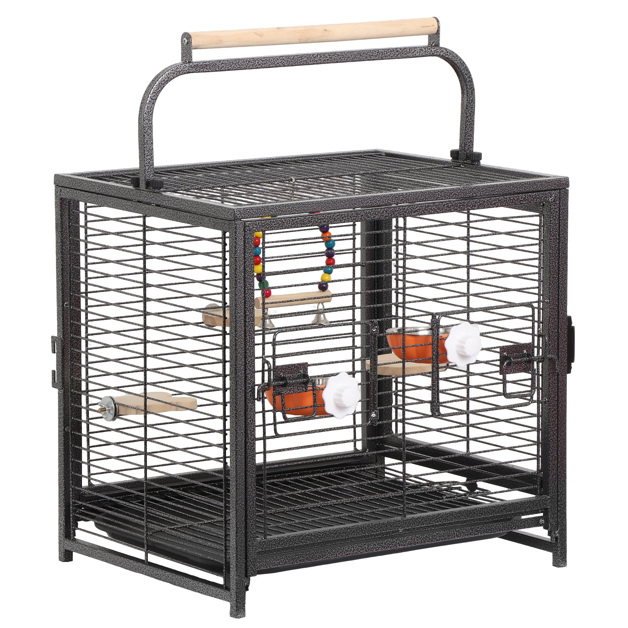 Zeny 19" Portable Black Metal Bird Cage with Wooden Perches, Feeding Bowls and Tray
