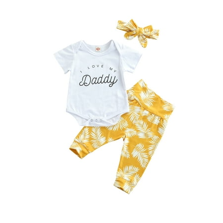 

TheFound Summer Infant Baby Girls Clothes 3pcs Letter Short Sleeve Romper Floral Pants Headband Sets