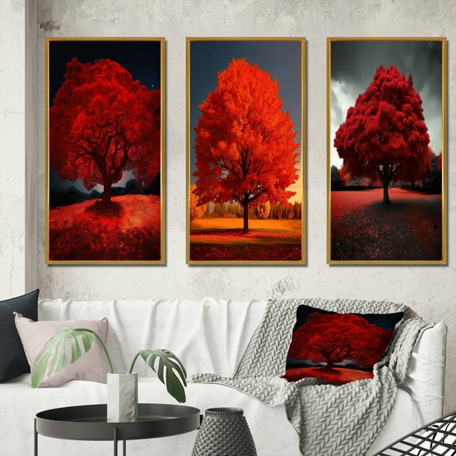 Designart « Majestueux Arbre Rouge Capturé en Photographie de Nature » Arbres de Paysage Ensemble d'Art Mural Encadré de 3 - Ensemble de Cadres Arbres Rouges pour Déco de Bureau
