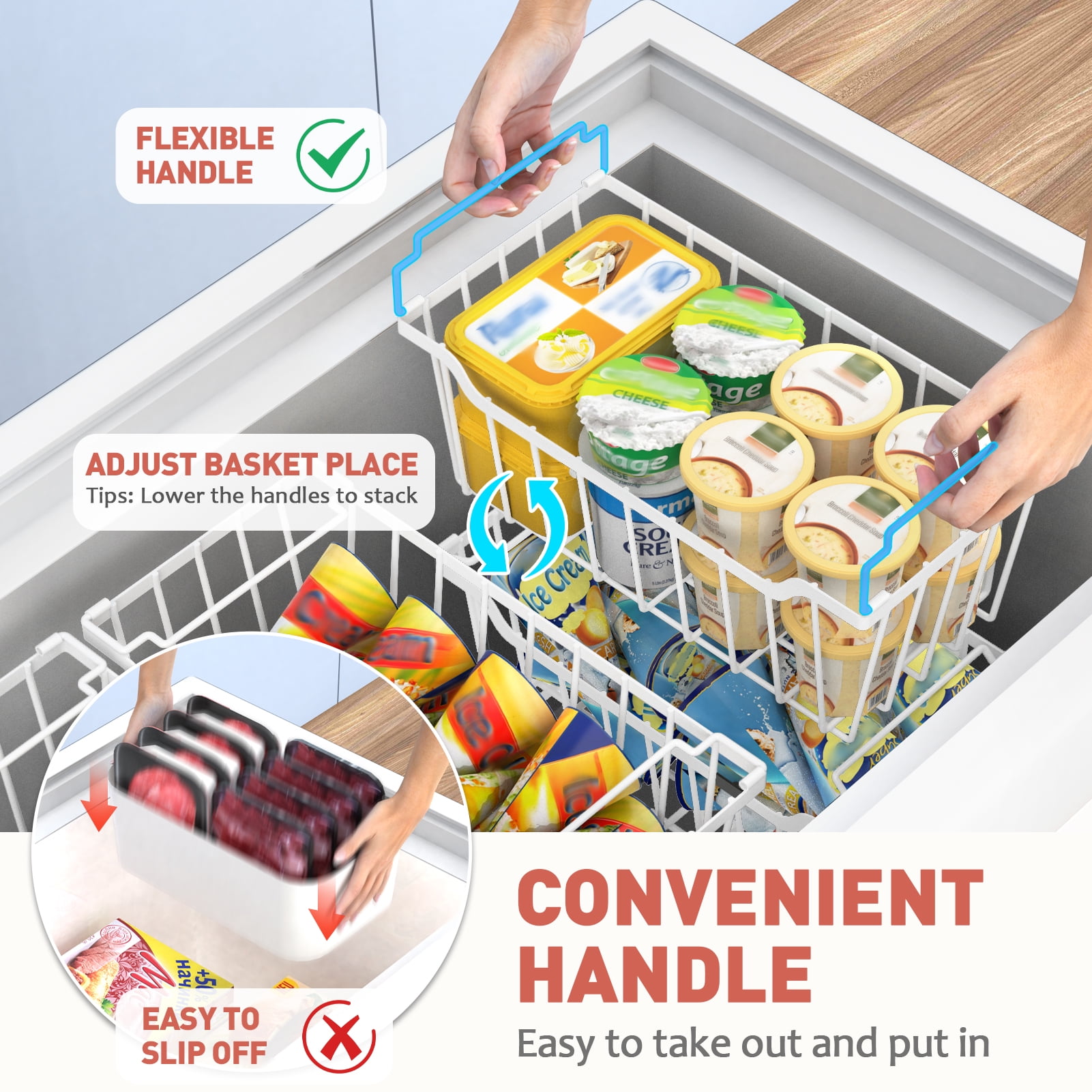 SUNALLY Freezer Organizer Bins 4 Pack, Stackable Freezer Baskets with Foldable Handle for 3.5-7 Cu.FT Deep Chest Freezer Organization, Coated Metal Storage Bins White