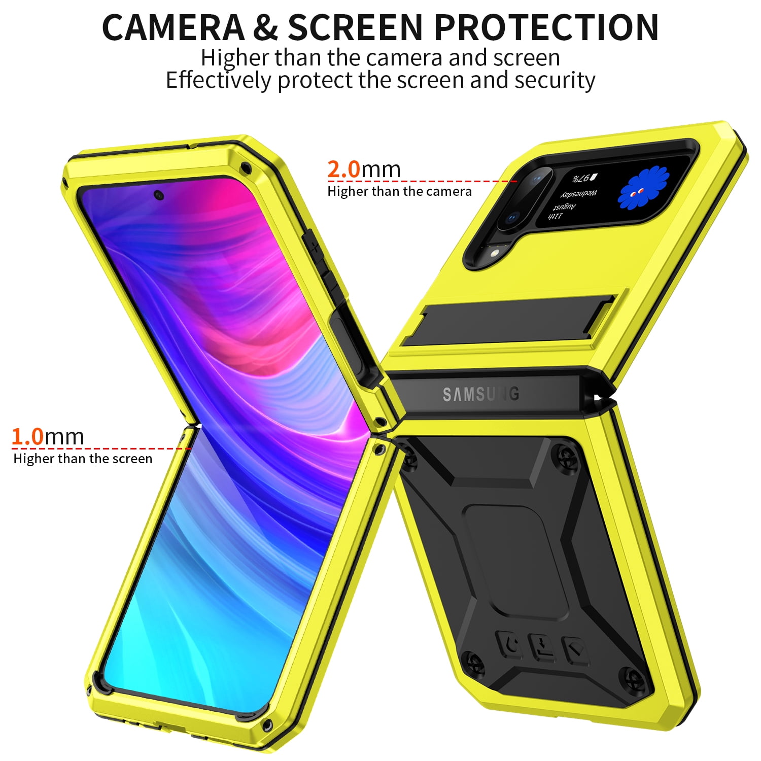 ELEHOLD for Samsung Galaxy Z Flip 4/3 6.7" Case, Heavy Duty Armor Built-in Explosion-Proof Tempered Glass Screen Protector Wireless Charging Hang Rope Hidden Kickstand Shockproof Rugged Case,Yellow