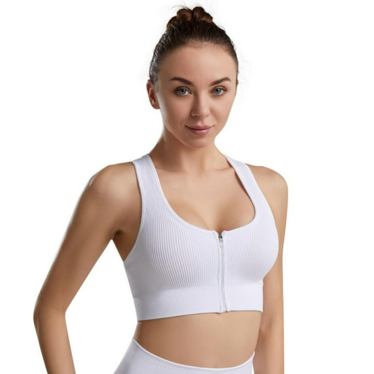 Women's Ribbed Front Zipper Closure Sports Bras Wirefree Running