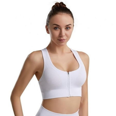 Spdoo Women s Ribbed Sports Bra Zip Front Closure Wirefree Padded Racerback Push up Tank Top for Workout Gym Yoga