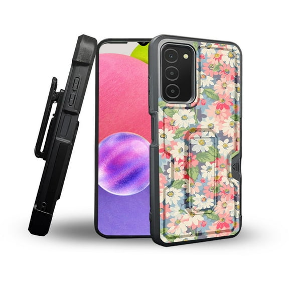 ANJ  Rugged Shockproof Holster Case Card Slot Kickstand   Tempered Glass Cover for Samsung Galaxy A03s - Cartoon Flowers