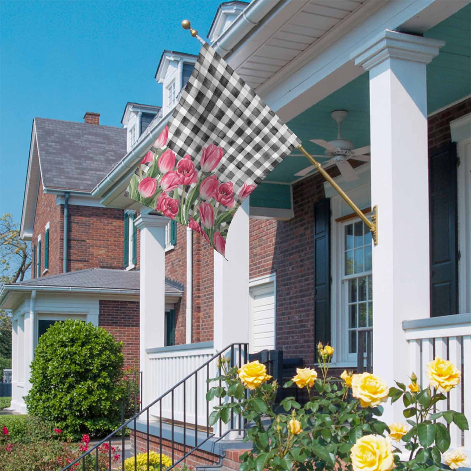 Pink Tulip Flower House Flags For Outdoor, Spring Floral Black White Plaid Green Leaf Small Double Side Yard Flags Weather Proof House Decor for Lawn Outside Holiday 28 x 40 Inches