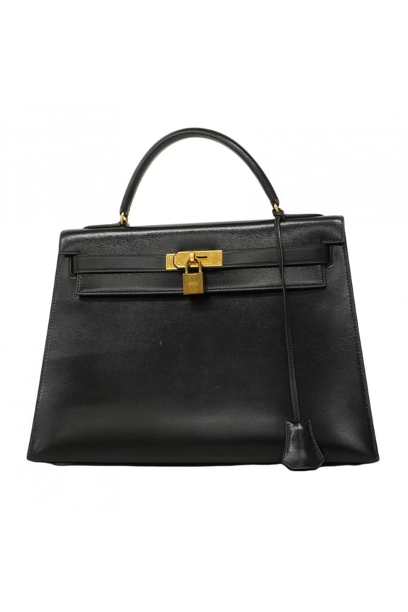 Pre-Owned Hermes Herms Kelly 32 Handbag in Black Box Calf Leather with P Stamp for Women
