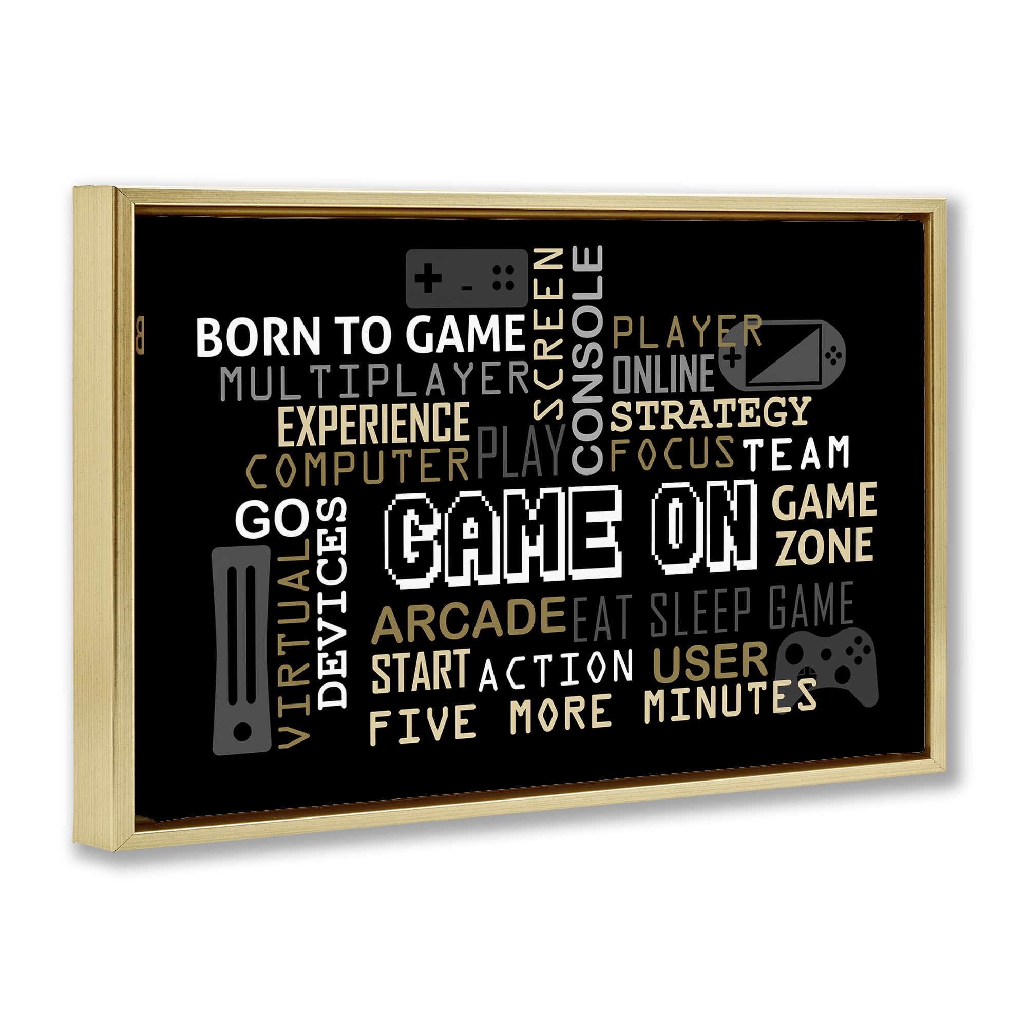 Stupell Industries Game On Gamer Typography Gold Framed Floater Canvas Wall Art, design by Kim Allen