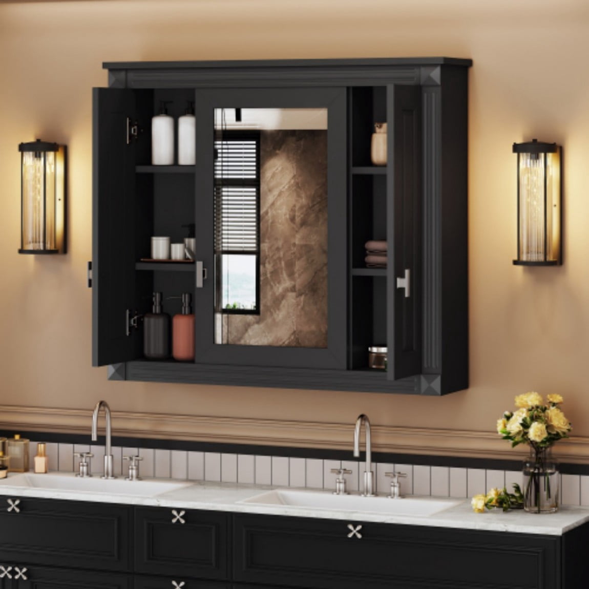 Bathroom Wall Cabinet with Mirror, Wall Mounted Medicine Cabinet with 5 Shelves, Over Toilet Storage Cabinet with Adjustable Shelves, Mirrored Door Bathroom Cabinet, Black