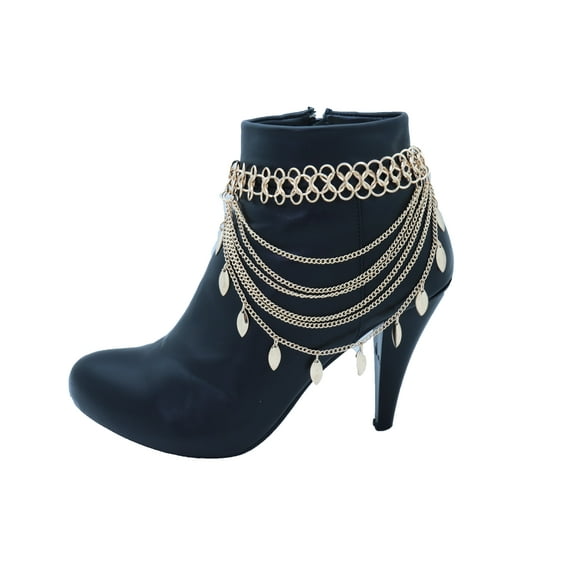 Women Gold Metal Chain Boot Bracelet Shoe Leaf Charm Wave Strands