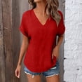 thumbnail image 2 of idosla Womens Summer Gauze Blouses Crinkle Texture V Neck Short Sleeve Pullover Shirts Solid Color Work Camping Outfits Top (Red, XL), 2 of 7