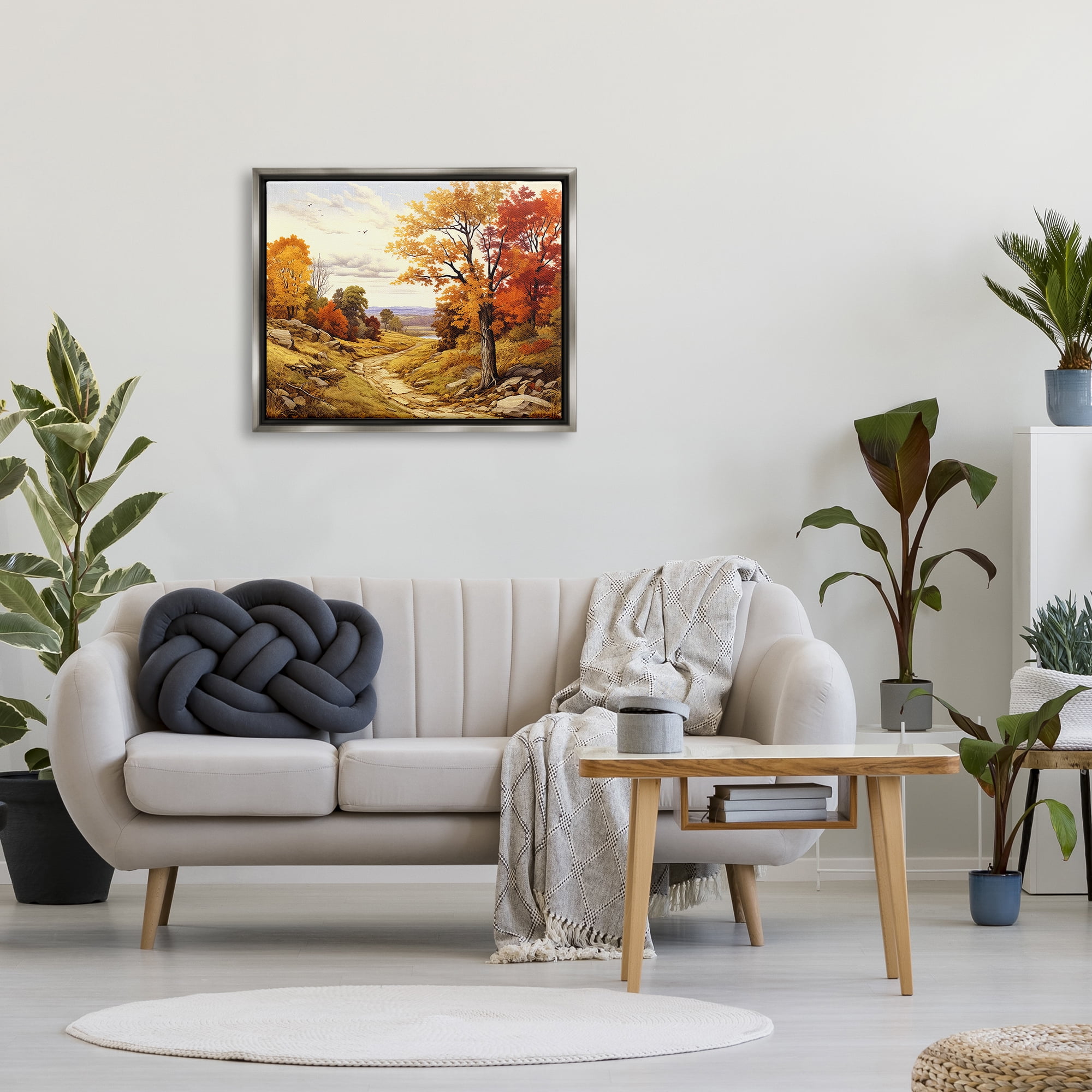 Stupell Industries Classic Fall Foliage Path Landscape Painting Gray Floater Framed Canvas Art Print Wall Art, 31 x 25