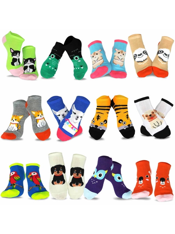 TeeHee Fun Novelty Cute Animals Socks for Women Low Cut Ankle No Show Socks 12 Pairs (Pet-Animal)