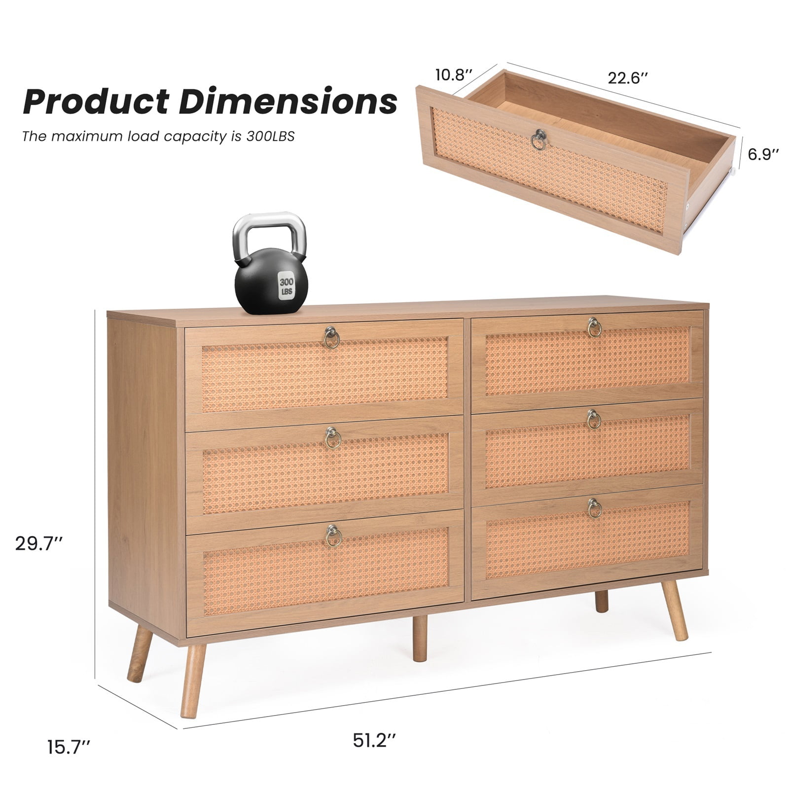 Hommoo Rattan 6 Drawer Double Dresser, Modern Storage Cabinet Chest of Drawers for Home, Vintage
