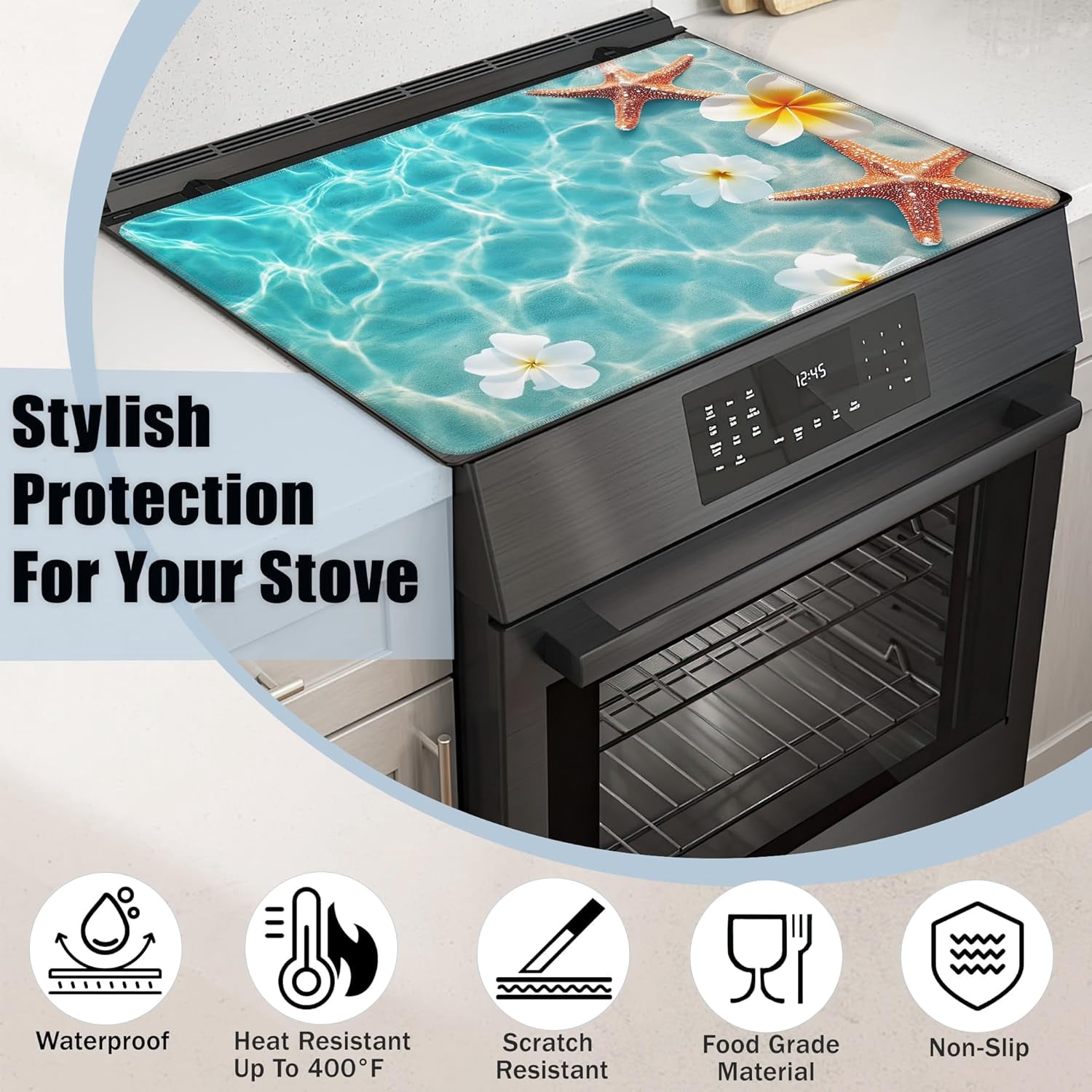 Electric Stove Top Cover,Sea Starfish Stove Cover for Glass Top Electric Stove,Summer Flower Heat Resistant Flat Top Stove Mat Countertop Protector, 28 x 20 Inch
