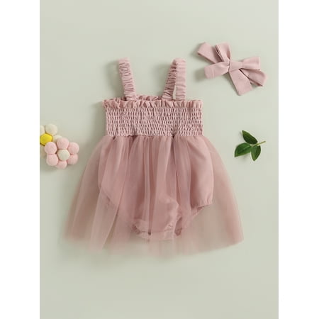 

Lamuusaa Baby Girl Summer Outfits Sleeveless Smocked Romper Tulle Dress with Headband Set 2Pcs Clothes