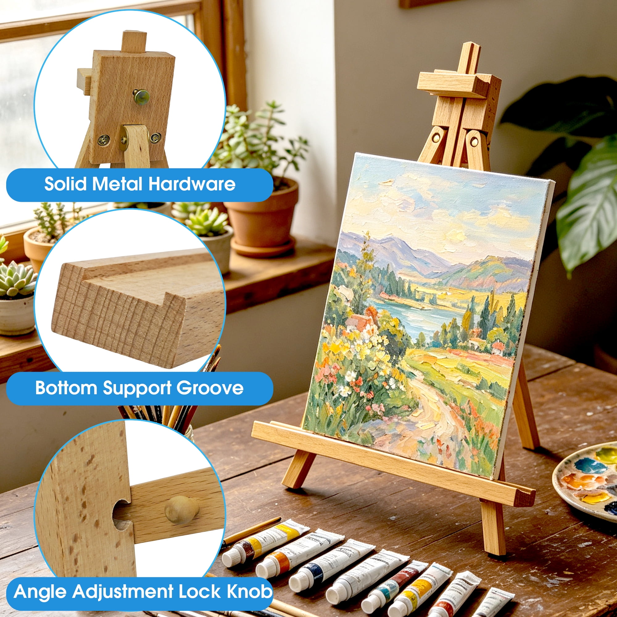Adjustable Tabletop Wood Easel, Foldable Desktop Art Easel Stand for 12‑27" Canvas, Painting & Display for Artists Beginners
