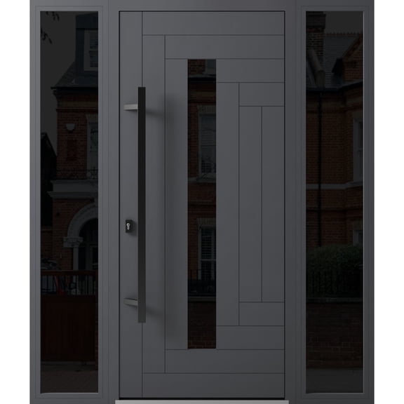Front Exterior Prehung Steel Door / Ronex 0130 Grey / 2 Side Exterior Windows Sidelites/ Entry Metal Modern Painted W16 36 16" x H80" Right hand Inswing