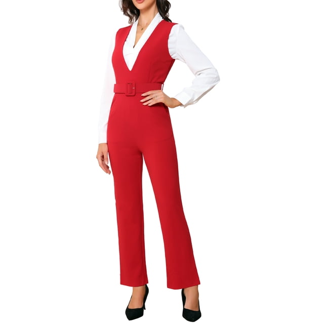 Allegra K Mono Elegante con Tirantes sin Mangas y Cinturón para Mujer, Pierna Recta, L Rojo