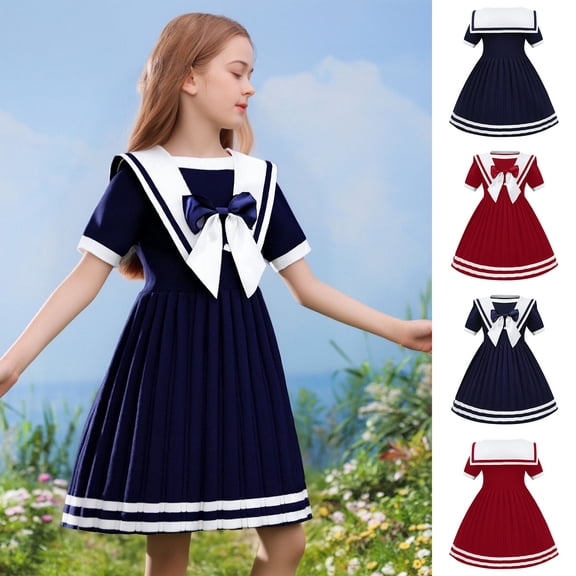 RTKFRFLM Girls Nautical Style Sailor Dress with Bow Kids Short Sleeve Navy Princess Gown Toddler Classic Summer Party Dress for School and Vacation Stylish Outfits for Ages 2-14 Years Blue