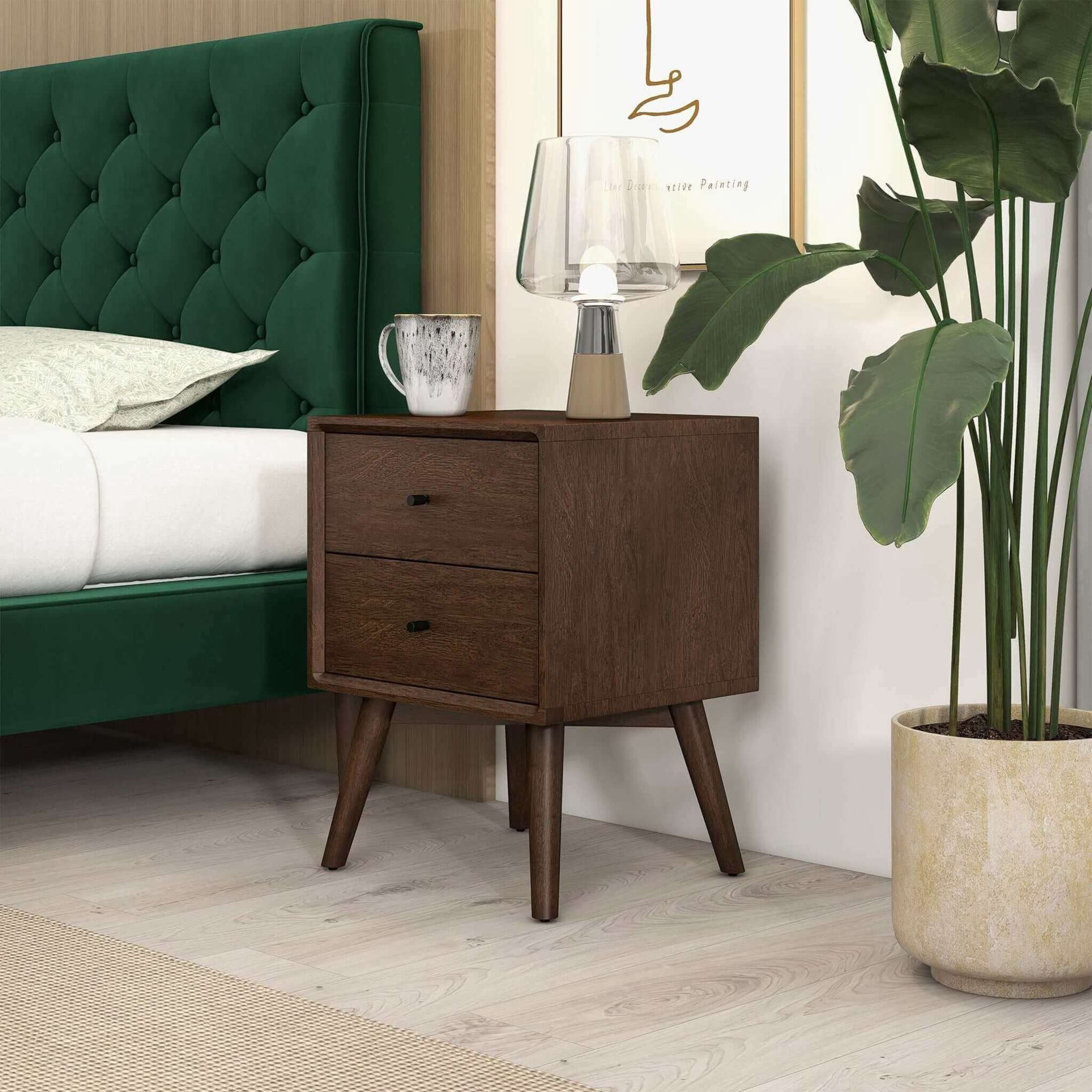 Noble House Caroline Mid-Century Modern Beveled Nightstand, Solid Walnut Wood Frame with 2 Drawers, Dark Brown