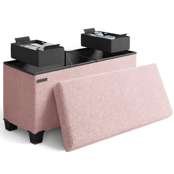 STORAGEBUD Storage Ottoman Bench, 30 Inch Storage Bench for Bedroom End of Bed, Foldable Large Ottoman Foot Rest, Entryway Bench with Storage, Boucle Storage Chest Max 660lbs, Pink