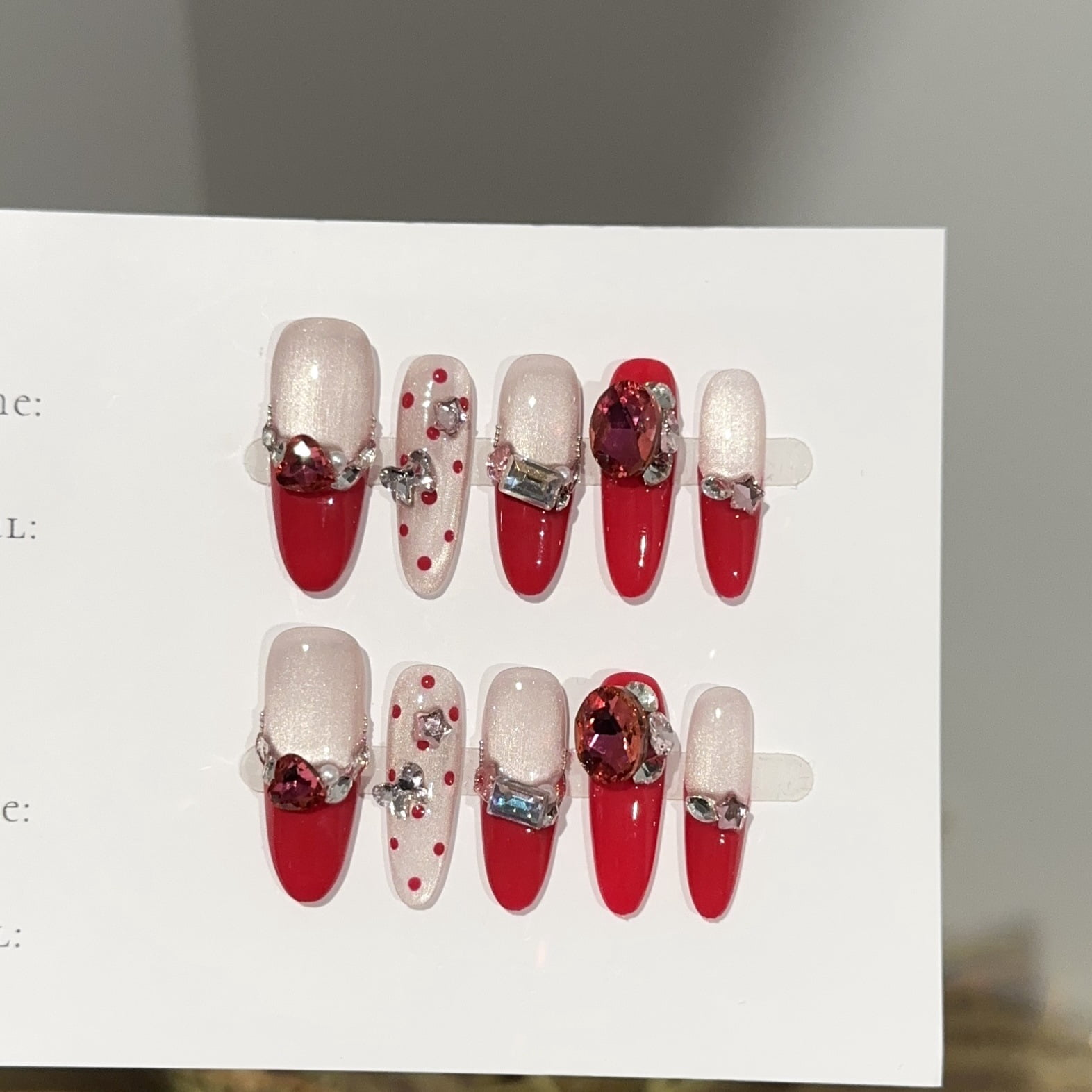 Purely handmade nail-wearing high-end autumn and winter rose-red long nail art pieces, European and American piles of diamonds and flash fake nail patches