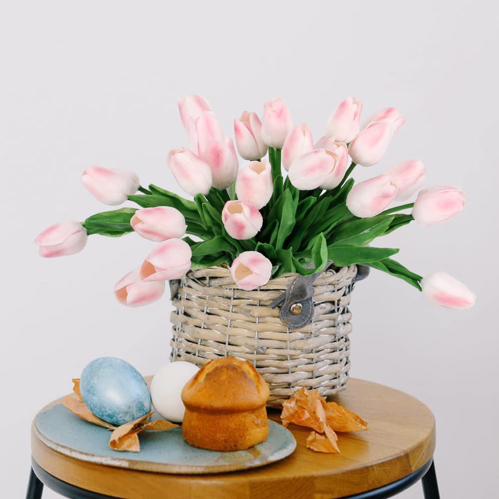 HAOSHICS 30pcs Artificial Tulips Flowers Fake Latex Tulip Stems - Real Touch Faux Colorful,for Easter Spring Wedding Bouquet Centerpiece Floral Arrangement Wedding Table Decor (Gradual Pink)