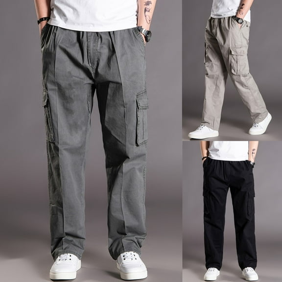 RYDCOT Mens Baggy Cargo Pants Casual Outdoor Loose Fit Elastic Waist Cotton Cargo Pants Khaki