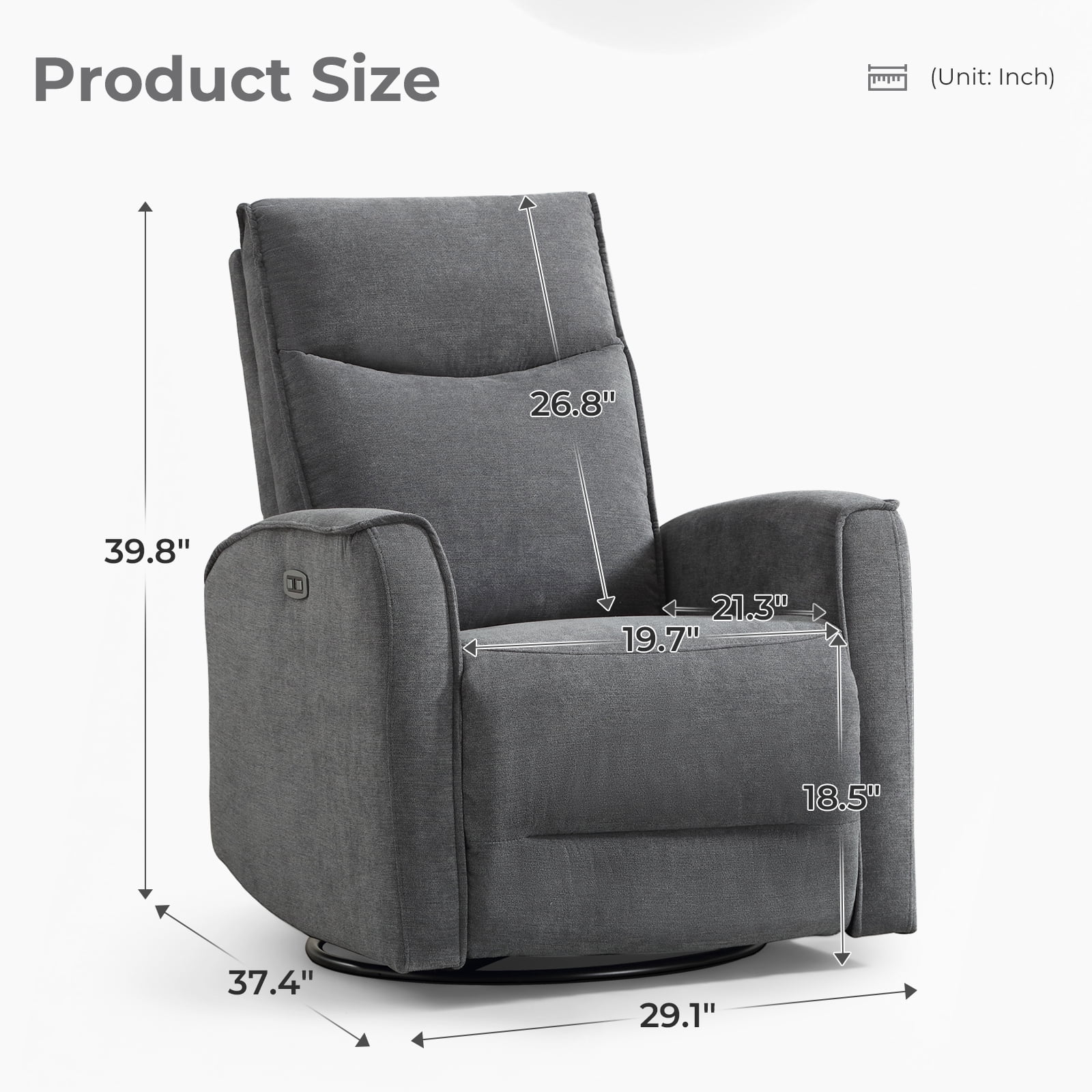 Bonzy Home Electric Recliner Chair Set of 2, 270° Swivel Recliner Fabric Living Room Sofa Chair with USB Ports, Gray
