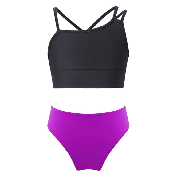 CHICTRY Girls 2-Piece Swimsuit Crop Top with Bikini Briefs Bathing Suit Beach Wear Black&Purple 10