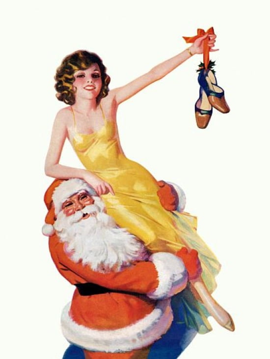 Pinup Brunette On Santa Claus Canvas Art - (24 x 36)