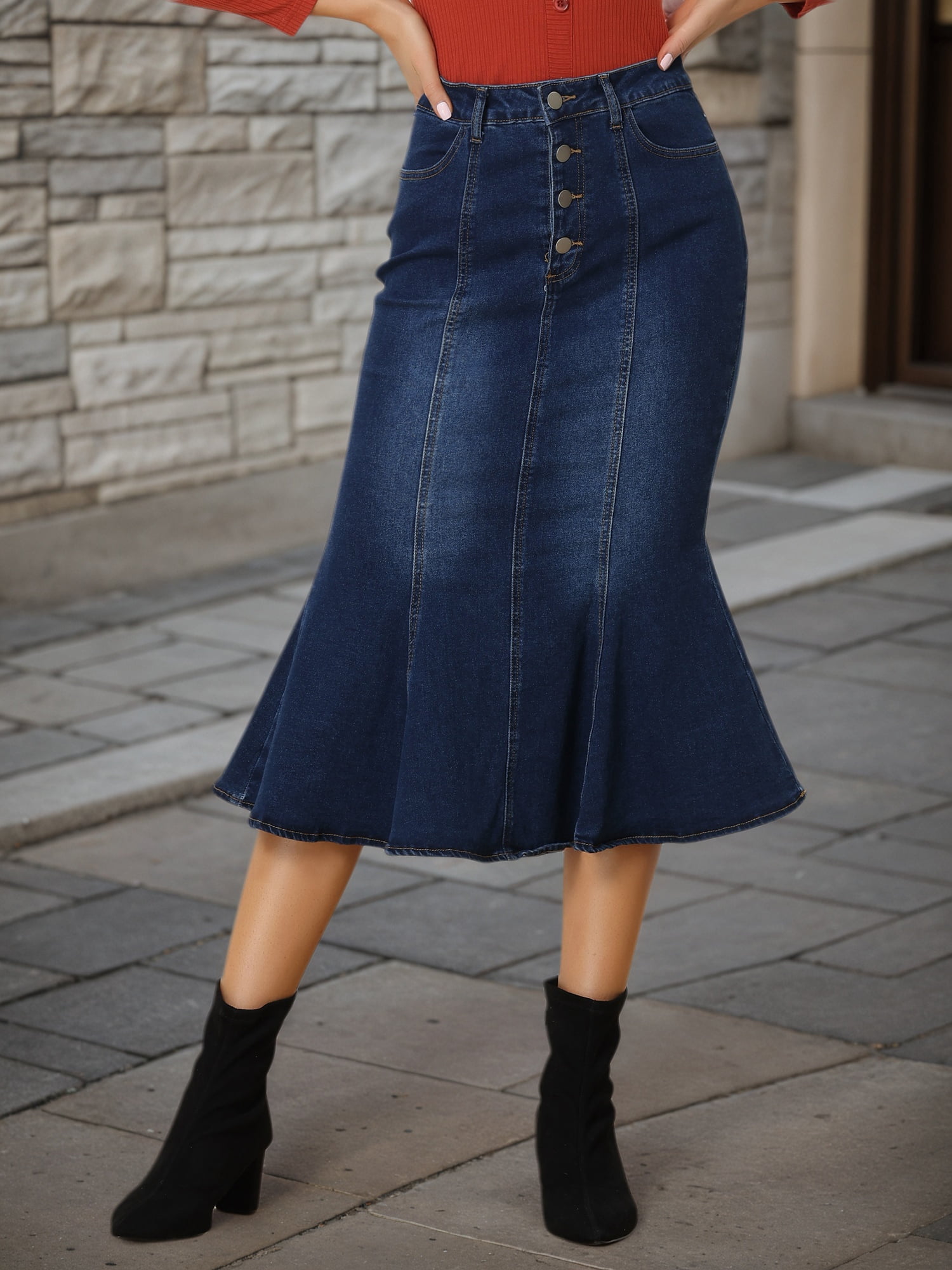 DARING DIVA Women's Soft Elegant Washed Fishtail Casual Midi Denim Skirt S Dark Blue