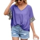 thumbnail image 5 of Camiseta de mujer con estampado de manga corta con cuello en V Top suelto trenzado de verano, azul, L AweSitey AP001233-07, 5 of 7
