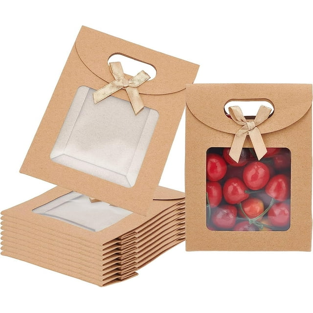 24 bolsas de papel kraft en blanco, 11,9 x 6,15 x 15,7 cm, bolsa de regalo de pie con asas, bolsa de regalo marrón con ventana transparente para dulces, galletas, bodas, Navidad, cumpleaños, embalaje TUNC Sencillez