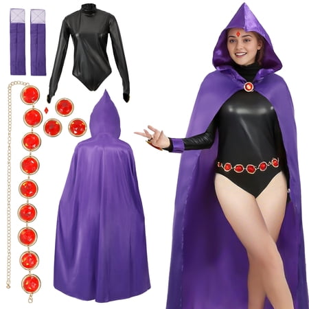 BUXULYP Raven Cosplay Costume for Women Titans Purple Cape and Belt Set Halloween Cosplay Outfit