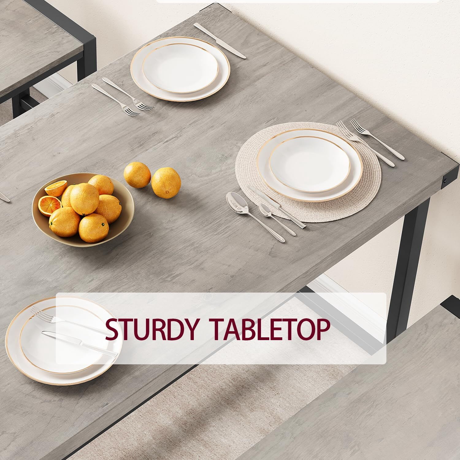 EastVita Gray 3-Piece Dining Table Set for 4 with 2 Benches and Corner Protectors and H-Shaped Frame Compact for Apartments and Small Spaces