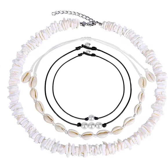 Shell Choker Seashell Necklace Adjustable Puka Seashell Pearl Necklace Bracelets Set Hawaiian Boho Style Jewelry for Women and Girls