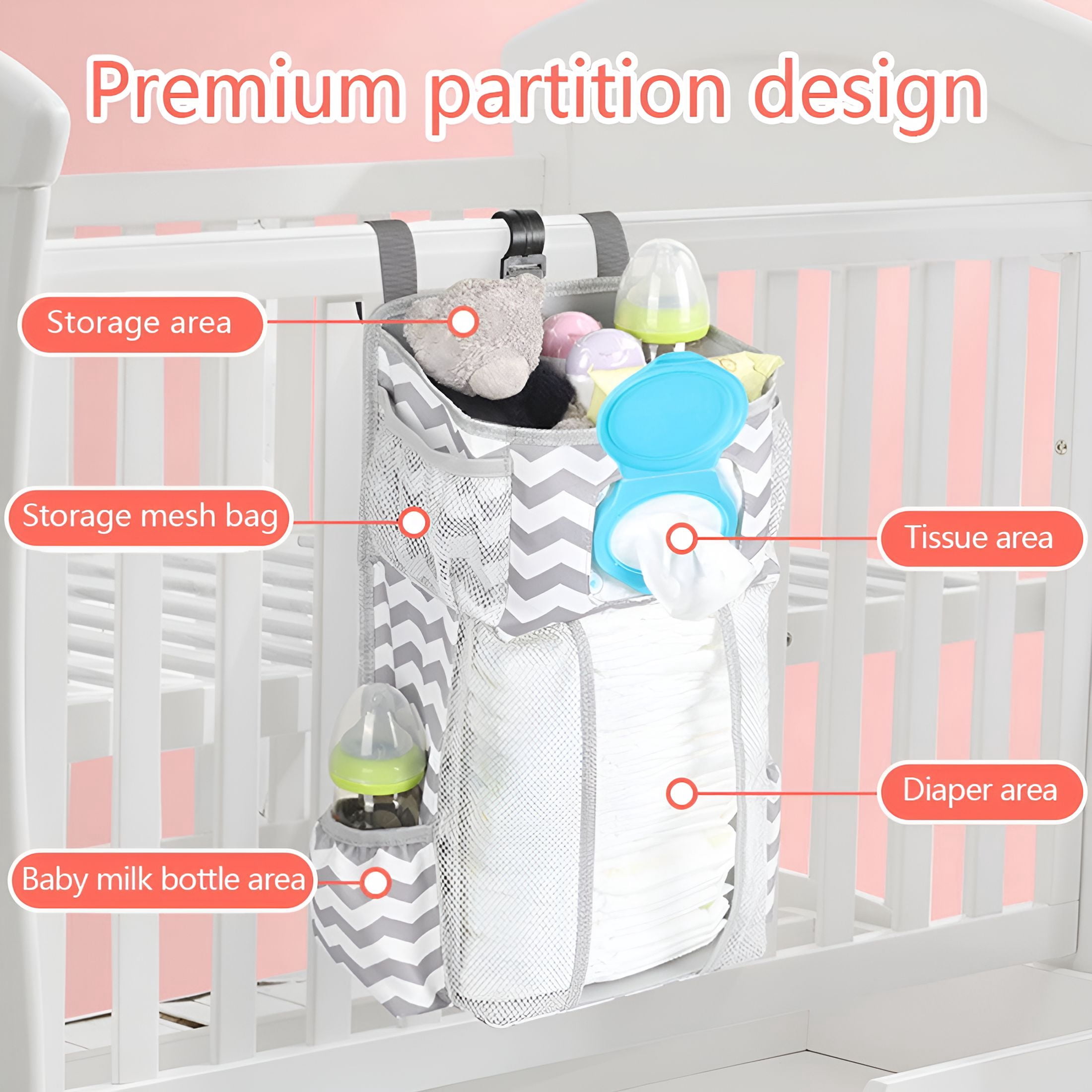 XIBUFE Large Oxford Cloth Crib Hanging Diaper Caddies Organizer for Changing Table Caddy for Baby Stuff