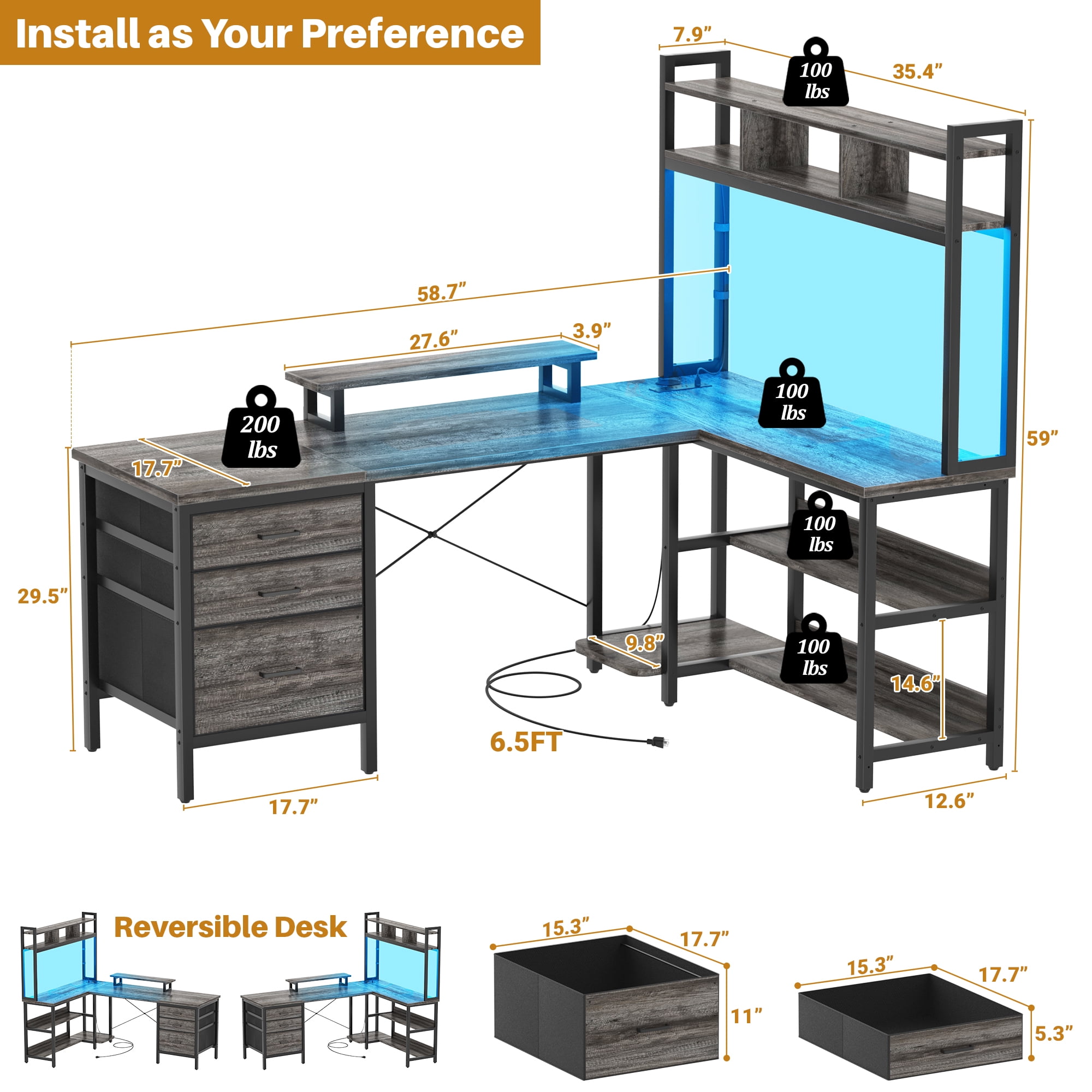 iSunirm L Shaped Gaming Desk with Storage, Computer Gaming Desk with LED Lights & Hutch, Reversible Computer Desk with Power Outlet, Corner Desk with Drawers, Shelves for Home, Black Oak