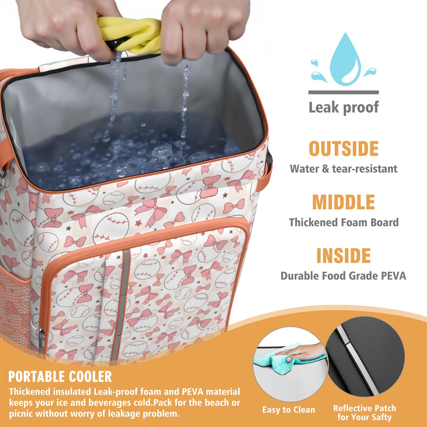 Travel Cooler Bag - Pink Baseballs with Bows Pattern Camping Beer Cooler Backpack with Bottle Opener- Waterproof Insulated Picnic Backpacks - Cooler Bag for Beach