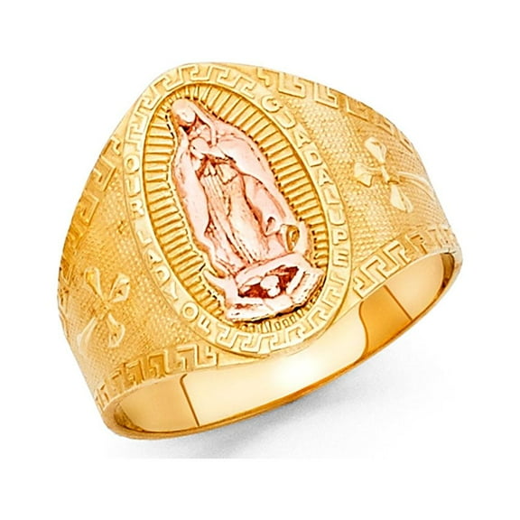 14k Yellow Rose Gold Big Lady Of Guadalupe Cross Band Ring Oval Diamond Cut Two Tone 15MM, Size 7