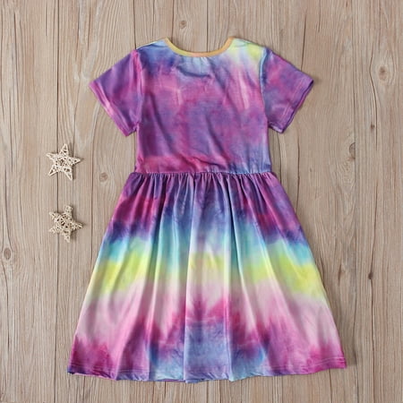 

Leutsin Summer Girls Short-sleeved Color Tie-dye Pattern Round Neck Dress