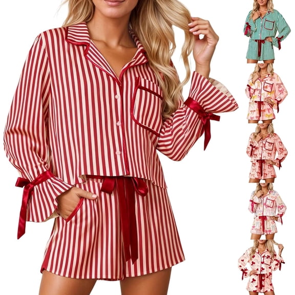 2026 Christmas Pajamas for Women Bow Tie Button Up Top and Ruffle Shorts 2 Piece Silk Satin Pjs Y2k Cute Sleepwear