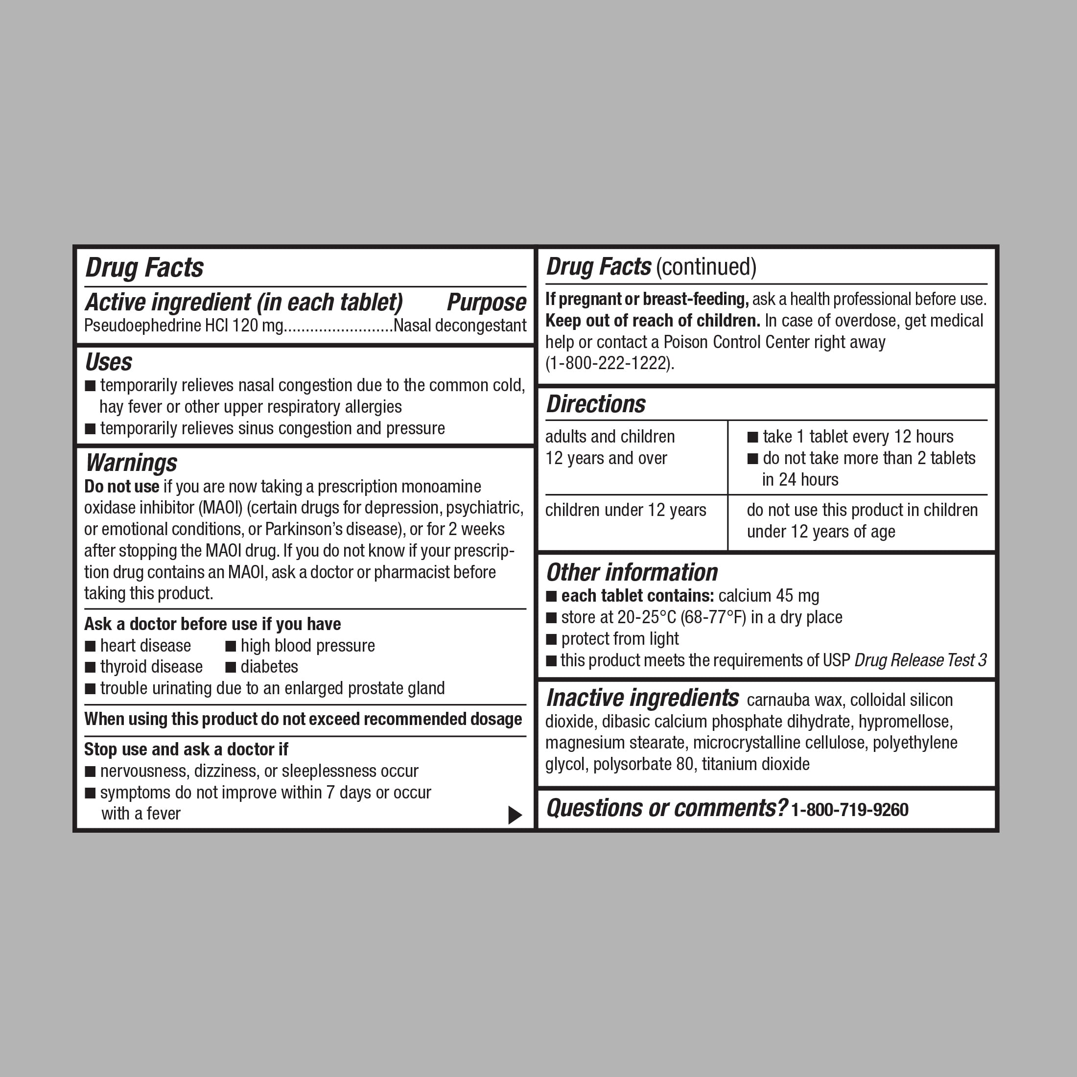 Equate 12 Hour Non-Drowsy Sinus Decongestant Pseudoephedrine HCl Extended-Release Tablets, 120 mg, Maximum Strength, 20 Count