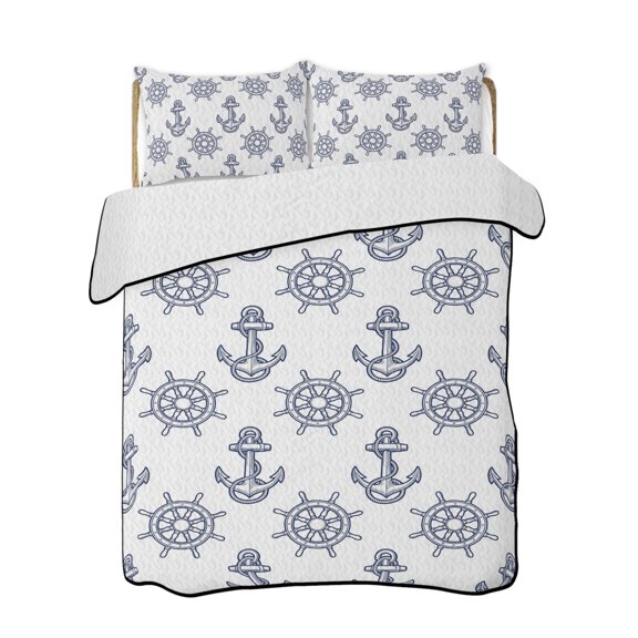Quilts Queen Size Bedding Set, Blue Anchor Nautical Reversible Summer Quilt 3 Pieces, Rudder Coastal Summer Ocean Lightweight Bedspreads Coverlets with 2 Pillow Shams for All Seasons