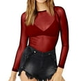 thumbnail image 5 of WULMLEO Womens Sheer Mesh Tops Shirts, Long Sleeve Mock Neck See-Through Slim Ladies Blouse T-Shirt Clubwear Wine 2XL, 5 of 5