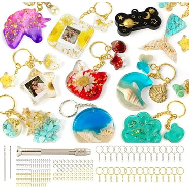 Mocoosy 182Pcs Resin Molds Silicone Kit, 32 Cavities Pendants Ornaments Silicone Molds for Epoxy Resin Casting, Resin Keychain Making Set DIY Crafts with 1 Hand Drill 30 Key Rings 100 Screw Pins
