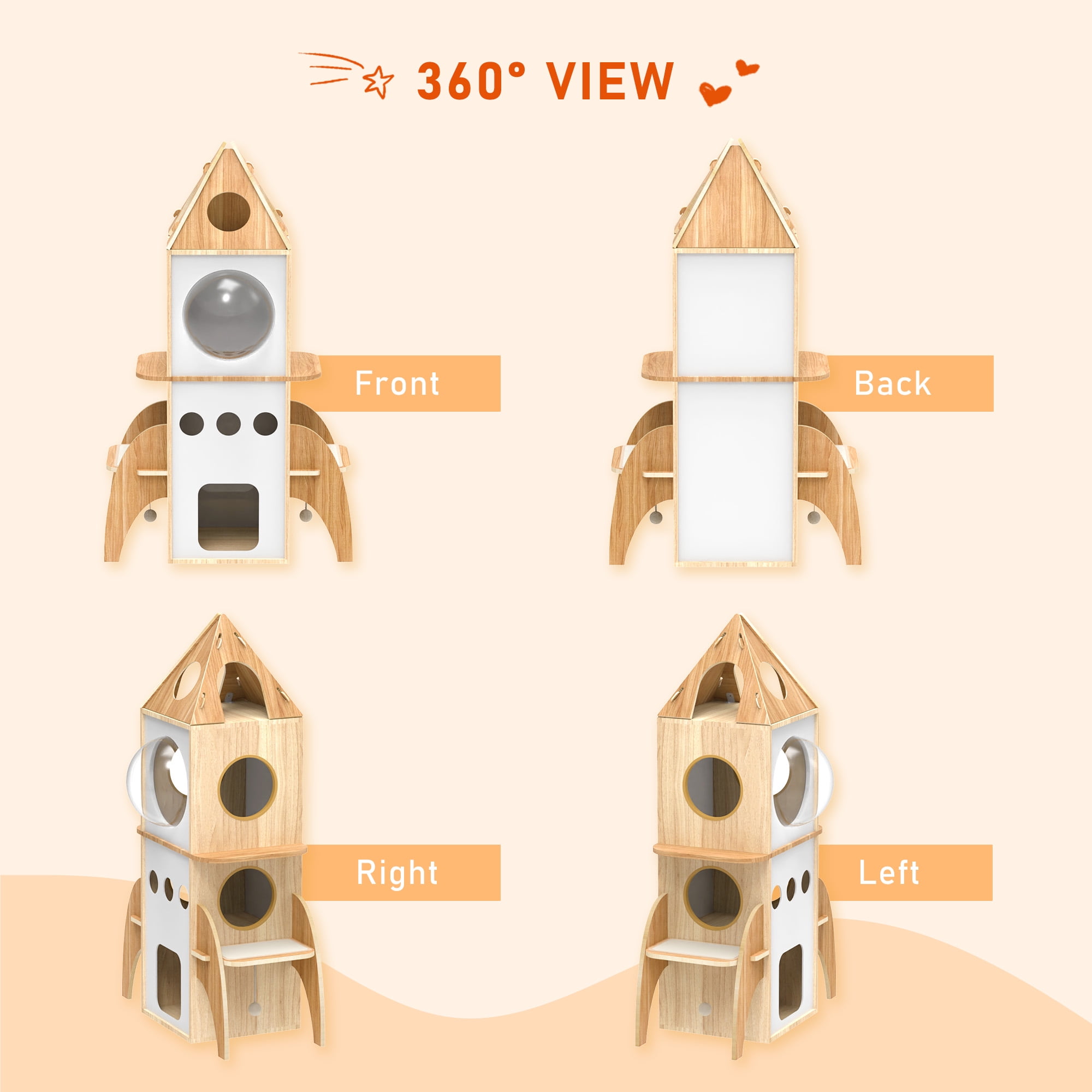 Kadyn 54" Multi-Level Cat Tower for Indoor, Cat Tree Rocket Shape Condo for Multiple Cats with 3 Condos, Dangling Balls, Attic Perch, Beige